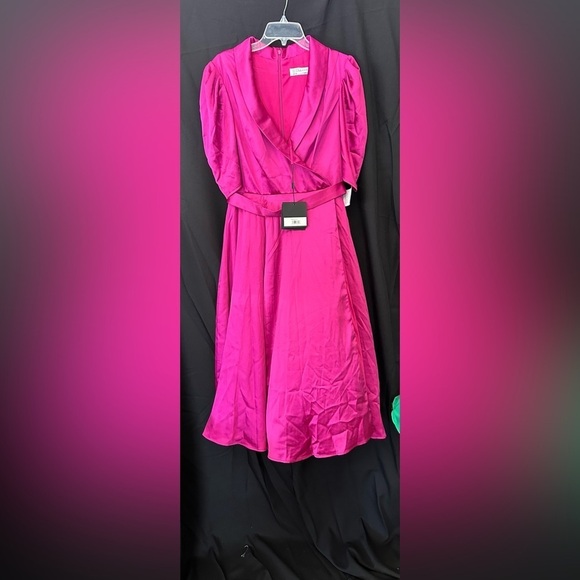 Mac Duggal NWT 26628 SATIN LAPEL PUFF SLEEVE TEA LENGTH DRESS - Picture 4 of 8
